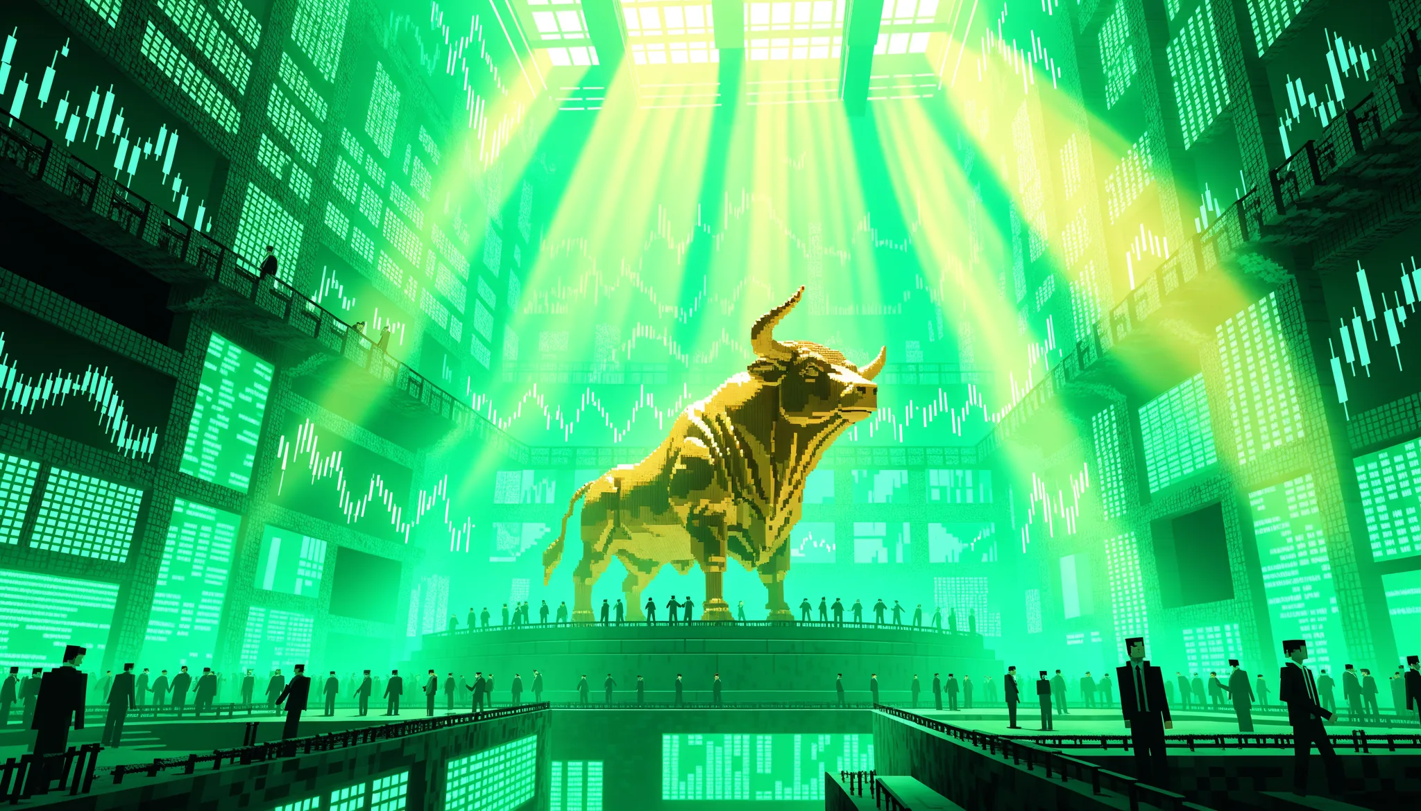 Dividend District key art: a giant golden bull statue inside a voxel stock-exchange hall lined with glowing charts